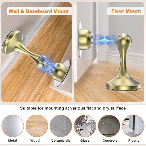 Image of Crosize Magnetic Door Stoppers 4 Pack, Stainless Steel Door Stops for Wall and Floor Mounting, Gate Stops, No Drilling Metal Doorstops with Adhesive Tapes, Gold