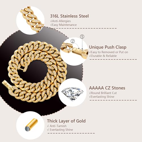 KRKC&CO Iced Out Cuban Link Chain for Men, Real Diamond 12/18mm Gold Chain Necklace, Hip Hop Cuban Chain with Prong-Set 5A CZ Stones, Durable Anti-Tarnish Streetwear Jewelry3