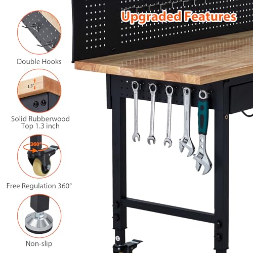 60" Adjustable Height Workbench, Rubber Wood Tabletop Workbench with Pegboard, Storage Drawers, Rolling Work Table with Wheels, Power Outlet, 2000lbs Capacity, Garage Workbench for Workshop