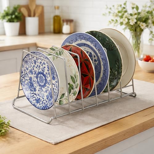 Image of Namani 6 Section Stainless Steel Plate Stand | Dish Organizer Rack for Kitchen Cabinet & Countertop | Rust Proof Plate Holder for Dishes, Thali & Lids (Silver)