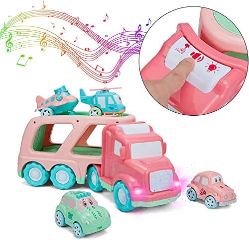 Cartoon Vehicles Playset Transport Car Carrier Truck With Sounds & Lights, Cars Toys For 1 2 3 4 Year Olds Toddler Kids Boys & Girls, 4 Mini Macaron Friction Power Police Car/Taxi/Airplane/Helicopter #TOP3