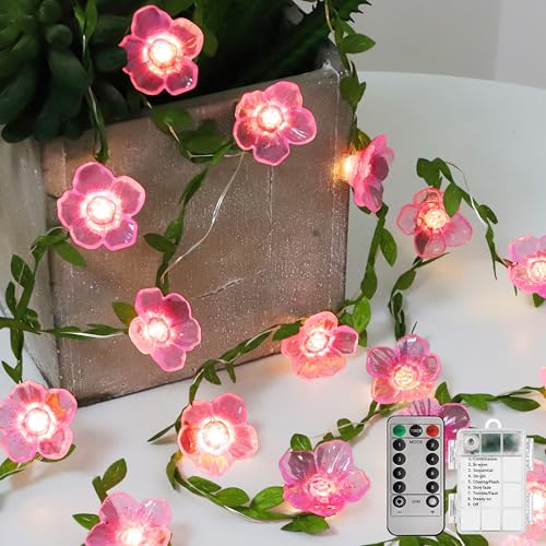 Cherry Blossom Decor Flower String Lights Vines with Fairy Lights Christmas, 30 LED Copper with Remote Control Battery Operated Pink Flower Garland...