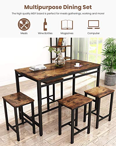 image for HCWORLD, 5 Pieces Dining Set, Kitchen Table and Chairs with 4 Bar Stoo