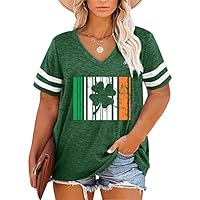 HDLTE Plus Size St. Patrick's Day T-Shirt Women Short Sleeve V Neck Shirt Color Block Irish Flag Tunic Tops(B-Green_1,2XL)