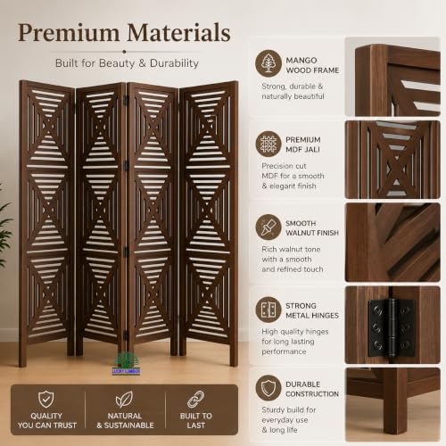 Image of Wooden Room Divider Partition for Living Room | Foldable 4 Panel Decorative Privacy Screen Separator for Home, Office & Bedroom | Modern (Chocolate Brown)