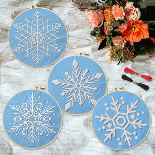 Image of INFUNLY 4 Pack Snowflake Embroidery Kits Cross Stitch Kits for Beginners Adults Christmas Needlepoint Starter Kit with Instructions for Thanksgiving Halloween Decor Home Room Wall 11.8x11.8in