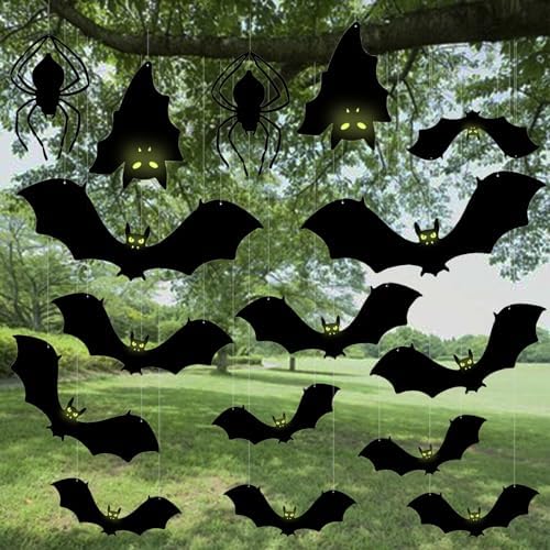 16 Pcs Halloween Hanging Bats Decorations,Fake Flying Scary Bats with Glowing Eyes,5 Sizes Large Bat Spider and Haning Rope for Halloween Outdoor Tree,Yard,Lawn,Porch Decor,3 Style