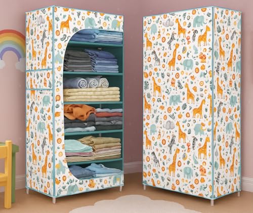Image of BONTEC Baby Wardrobe for Clothes - almirah - Rack fot Storage Multipurpose Plastic almirah Printed Cover 6 Shelves Storage Clothes Storage Rack Quick Cabinet /Multipurpose (Baby Animal)