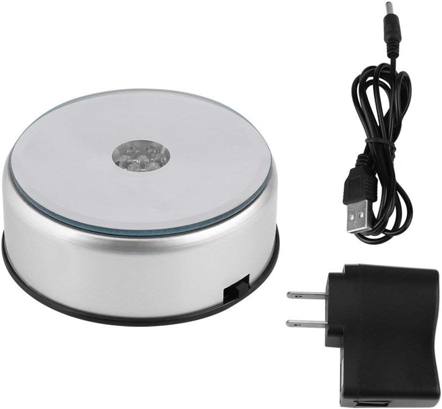 LED Colorful Lighted Display Base LED Colorful Light Unique Rotating Crystal Display Base Stand Holder with AC US Adapter Silver