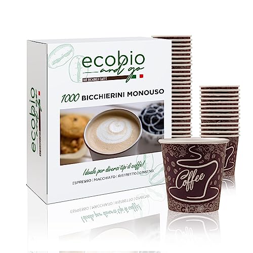 Ecobio and Go -1000 Bicchierini Caffè in Carta Biodegradabili 75ml - Resistenti, Antiscivolo, Ideali per Bar, Ufficio e Casa - Ecologici e Monouso, BROWN COFFEE