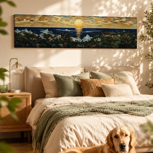 Image of Japanese Nihonga Seascape Stretched Canvas Wall Art Painting for Living Room, Sun Rise Canvas Wall Decor For Livingroom, Bedroom, Office, Hallway's, Hotel 12x46 Inch