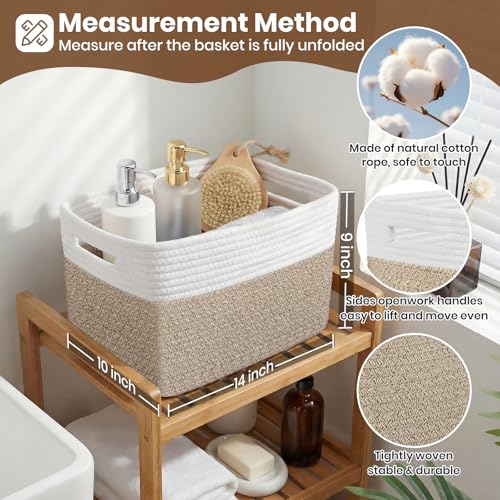 Storage Baskets for Organizing, 14 x 10 x 9” Closet Shelf Woven Baskets, Square Bins with Handles, Cotton Rope Basket for Toys, Clothes, Office, Room, White+Rice Brown 1 Pack