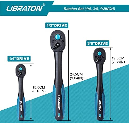 Libraton Ratchet Handle, 3 PCS 1/4", 3/8", 1/2" Heavy Duty Drive Ratchet Socket Wrench with Quick-Release Head, 72 Teeth, Reversible Design, Comfort Grip for Car Repair, EVA Organizer