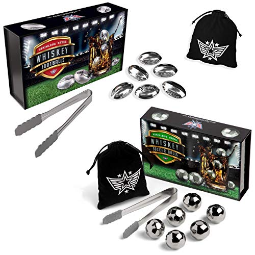 Football and Soccer Whiskey Stones Bundle, Two Sets of 6 Stainless Steel Reusable Ice Cubes - Chilling Rocks for Whisky, Bourbon, Scotch and Wine - Gift for Fathers Day, a Coach, Boss