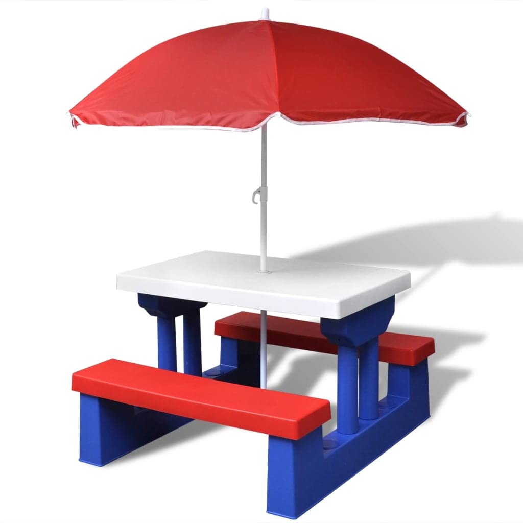 (Blitzlie Ferung) Ensemble de pique-nique avec protection UV Table Bancs Salon de jardin pour enfants Intérieur Extérieur Table de pique-nique pour enfants avec bancs Parasol Multicolore