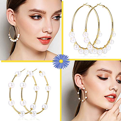 Florideco 4-6 Pairs 55-77Mm Faux Pearl Huge Hoop Earrings For Women Lightweight Open Large Circle Round Beaded Earrings Brides Jewelry #TOP3