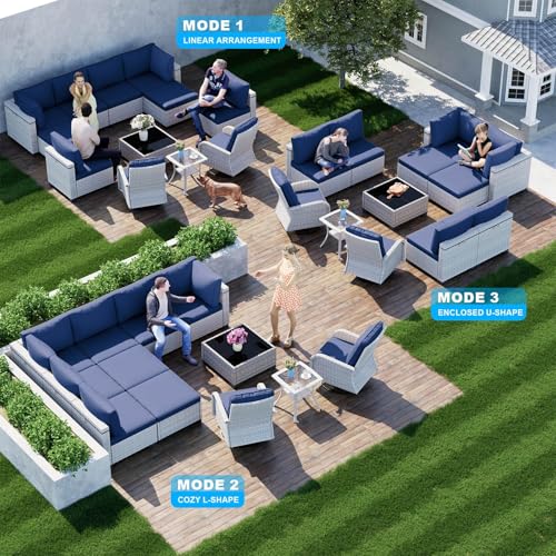 Image of Outdoor PE Wicker Rattan Modular Patio Sectional Sofa Set | 12-Piece: 6 Modular Seats, Coffee Table, 2 Swivel Rocking Chairs, Side Table & 2 Ottomans, Navy Blue