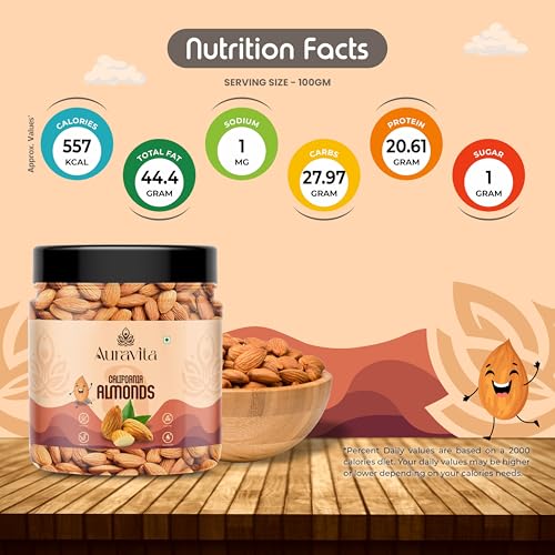 Image of Auravita California Almonds 100gm | Crunchy & Healthy Dry Fruit, Premium Badam Giti for Daily Nutrition | Healthy Diet Snacking Resealable Jar Pack