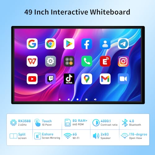 Image of 49 inch Smart Board, Portable Touch Screen TV, RK3588 Octa-Core Whiteboard, Android iOS 12, 10-Point IR Touchscreen, Two-Way Control, Reverse Live Streaming for Classroom Office Home (Wall Mount Include)