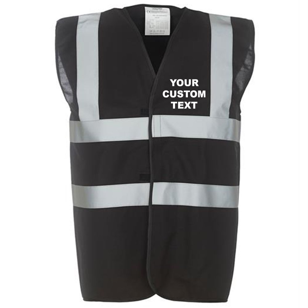 (XL) YK001 Personalised Hi-vis 2-band-and-braces waistcoat, CUSTOM TEXT Hi vis vests Black FRONT print Large