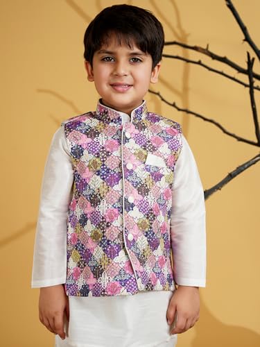 Image of AJ DEZINES Kids Silk Blend Full Sleeve Embroidered Dhoti Kurta Set for Boys - Ethnic wear | Traditional & Festival Wear|Waistcoat for boys - Regular Fit