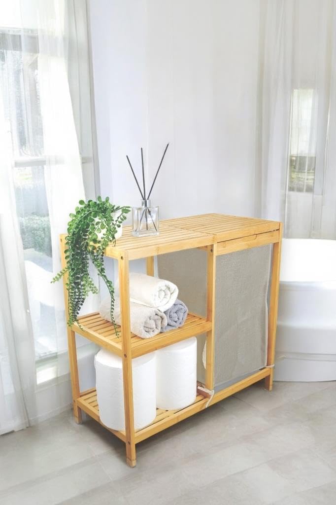 Digithome Bambu 3 Raflı Kumaş Sepetli Banyo Düzenleyici Kirli Çamaşır Sepeti DB-0046
