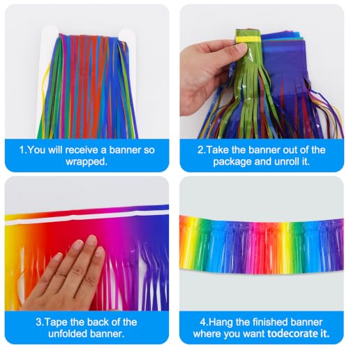 Image of BEISHIDA 3 Pack Deep Macaron Rainbow Foil Fringe Garland Wall Tinsel Banner