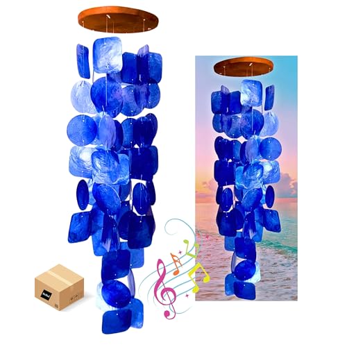 Bellaa 27918 Wind Chimes Outdoor Garden Decorations Musical Indoor/Outside Windchimes Beach Ocean Breeze Gifts for Mom Gift for All Occasions Capiz Sea Glass Shells Wood Blue 27 inch