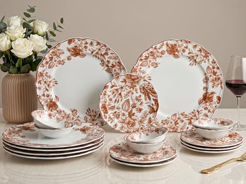 Image of Bodhi House Porcelain Dinner Set 18 Pieces - Brown Leaf | 6 Dinner Plates, 6 Quarter Plates, 6 Katori Bowls | Premium Crockery Set for Dining, Kitchen & Gifting