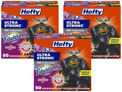 Image of Hefty Ultra Strong 30 Gallon Trash Bags, Large Bags 30 Gallon Size, Multipurpose, Break Resistant Drawstring Closure, Resists Leaks, Punctures, Tears, Black, Fabuloso Scent, 50 Bags (Pack of 3)