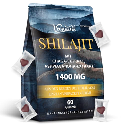 Shilajit Original Gummies für Männer & Frauen 1400mg Hochdosiertes Shilajit Gummibärchen 20:1 Extrakt Mit Ashwagandha & Chaga 7-in-1 Premium Formel 100% aus dem Himalaya 60 Vegane Gummies