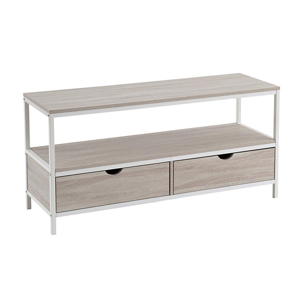 LOLAhome Mueble de TV de Acero y Tablero Blanco y Natural de 120x39x57 cm | Diseño industrial con 2 cajones para un salón organizado. Superficie amplia y almacenaje discreto para tus dispositivos.