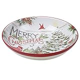 Evergreen Christmas 13-Inch Large Pasta or Soup Serving Bowl β Holiday Stoneware with Red Rim and Scenic Cardinal & Tree Design β Festive Dinnerware for Holiday Gatherings