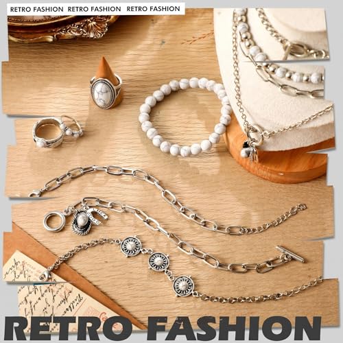 Image of Ecally Bohemian Western Jewelry Turquoise Set Women Country Pendant Long Choker Layered Bracelets Earrings Ring for Women