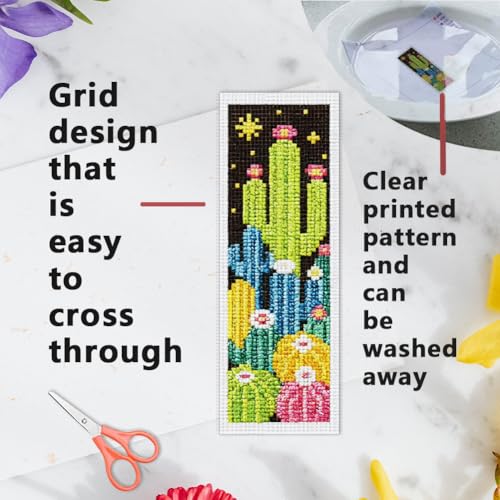 Image of INFUNLY 6pcs Dark Cactus Cross Stitch Bookmark Kit for Beginners DIY Cactus Grove Embroidery Bookmark Kits Night Plants Needlepoint Kit with Instruction Easy Cross Stitch Set for Book Lovers Readers