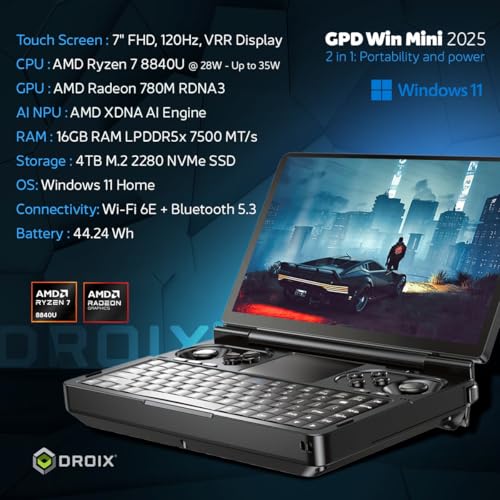 Image of GPD Win Mini 2025 Handheld Gaming PC, AMD Ryzen 7 8840U, 8C /16T up to 5.1GHz, Radeon 780M GPU, 16GB LPDDR5X RAM, 4TB NVMe SSD, 7 inch 1080p 120Hz Touchscreen, Wi-Fi 6E Bluetooth 5.3