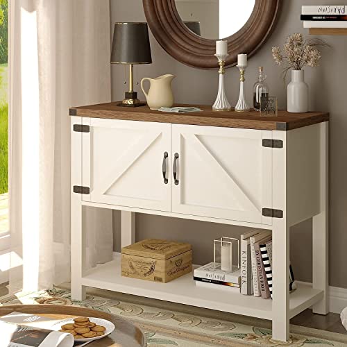 4Ever2Buy Farmhouse Coffee Bar Cabinet, White Entryway Table With Storage, Kitchen Sideboard Buffet Cabinet With 2 Doors, Accent Cabinet With Bottom Shelf, Coffee Bar Table For Living Room #TOP5