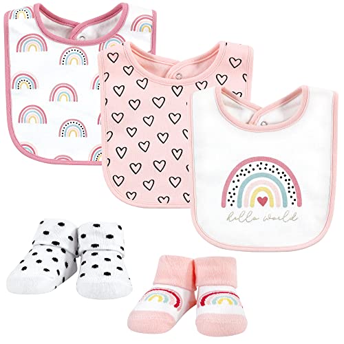 Image of Hudson Baby Unisex Baby Cotton Bib and Sock Set, Modern Rainbow, One Size