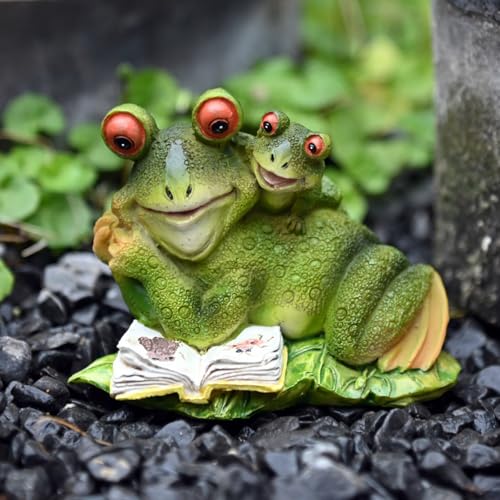 OwMell Statua di rana per giardino, statuetta rana verde per decorazione esterna cortile e giardino scultura in resina 15,2 cm - lettura