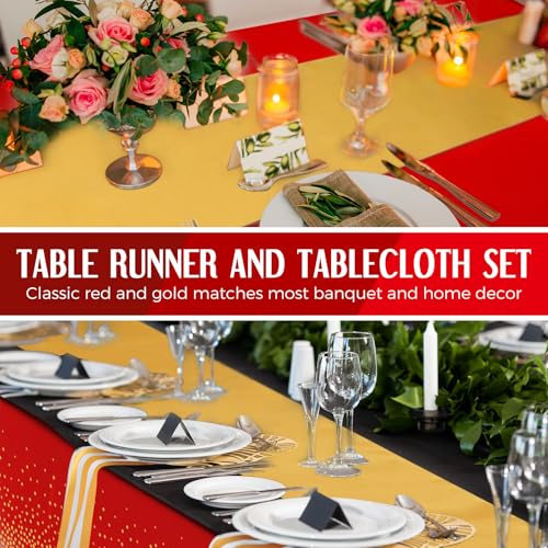 Image of Breling 24 Pack Red and Gold Disposable Plastic Tablecloths and Satin Table Runner Set, 54 x 108 Inch Tablecloth, 12 x 108 Inch Table Runners for Wedding Graduation Birthday Baby Shower New Year
