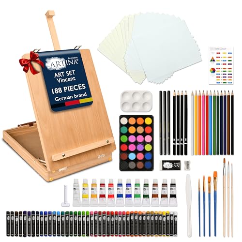 Artina 188 Pezzi Set Pittura per Bambini e Adulti Vincent – Kit Pittura Completo con Cavalletto e Valigetta in Legno, Colori Acrilici, Acquerelli, Pastelli, Matite – Set per Dipingere Professionale