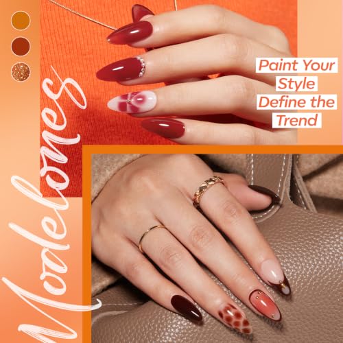 Image of modelones Jelly Tortoise Fall Gel Nail Polish Set, Halloween Tortoiseshell | 6 Transparent Colors Brown Amber Orange Carame Dark Red Pumpkin Gel Nail Polish Kit, Soak Off UV Nail Art DIY Salon at Home