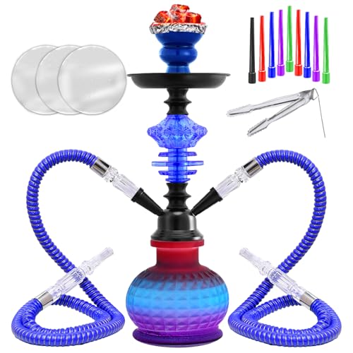 14" Premium 2-Hose Hookah Set - Complete Portable Kit with Case, 20 Tips, 50 Foils | Stainless Steel & Glass for Home Use (S-Blue)