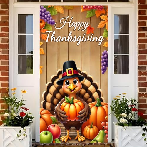 Image of Thanksgiving Turkey Pilgrim Pumpkin Door Cover 35x70in Fall Xmas