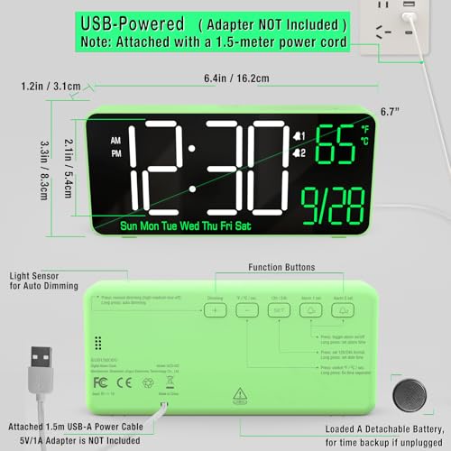 Image of KOSUMOSU Digital Clock for Bedroom, 6.7in Desk Clock, Auto Dimming, Room Temperature, Day of The Week, Date, Seconds, Clocks for Living Room, Alarm Clocks for Bedrooms