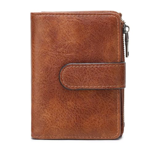 Womens Wallet, Leather RFID Blocking Bifold Zipper Pocket Wallet Card Case Purse with ID Window (Brown)