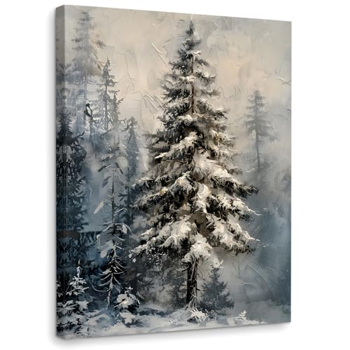 WODMIS Rustic Winter Snowy Landscape Wall Decor Framed Canvas Wall Art, Farmhouse Christmas Seasonal Tree Wall Decor Canvas Home Decorations for Bedroom Dining Living Room Office 11x14