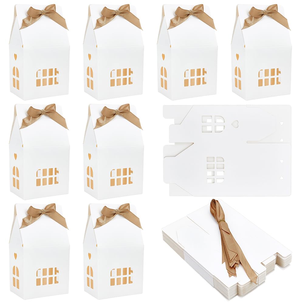BENECREAT 24 Pcs House Shaped Gift Boxes with Ribbon, 10.1x7.2x18.3cm/3.9x2.8x7.2 Inch White Paper Candy Box, House Gift Favors Boxes for Birthday Party Wedding