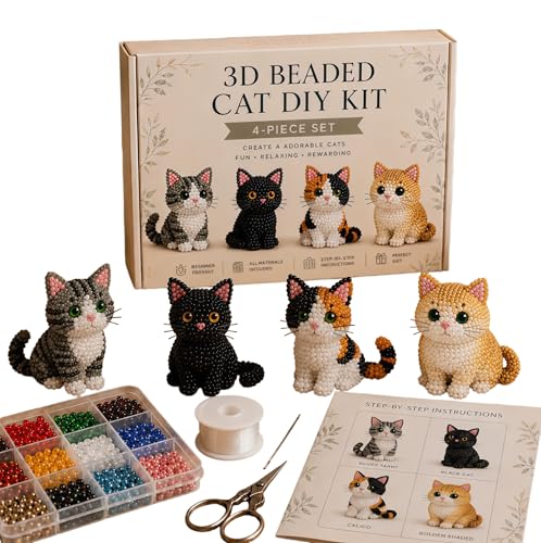 3D Beaded Animal Kit for Adults DIY Bead Kit Beaded Animal Craft Kit 4 Cute Designs Animal Themed Beadwork Kits for Beginners & Craft Enthusiasts with Instructions Each Box (3D Beaded Cat Kit)