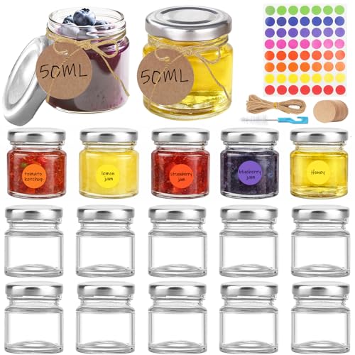 Mssushi 15 Pièces Mini Bocaux,50ml Pot Confiture Avec Couvercle,Bocaux En Verre Transparent,Avec étiquettes Personnalisées,5m Ficelle, Autocollants Et Brosses De...